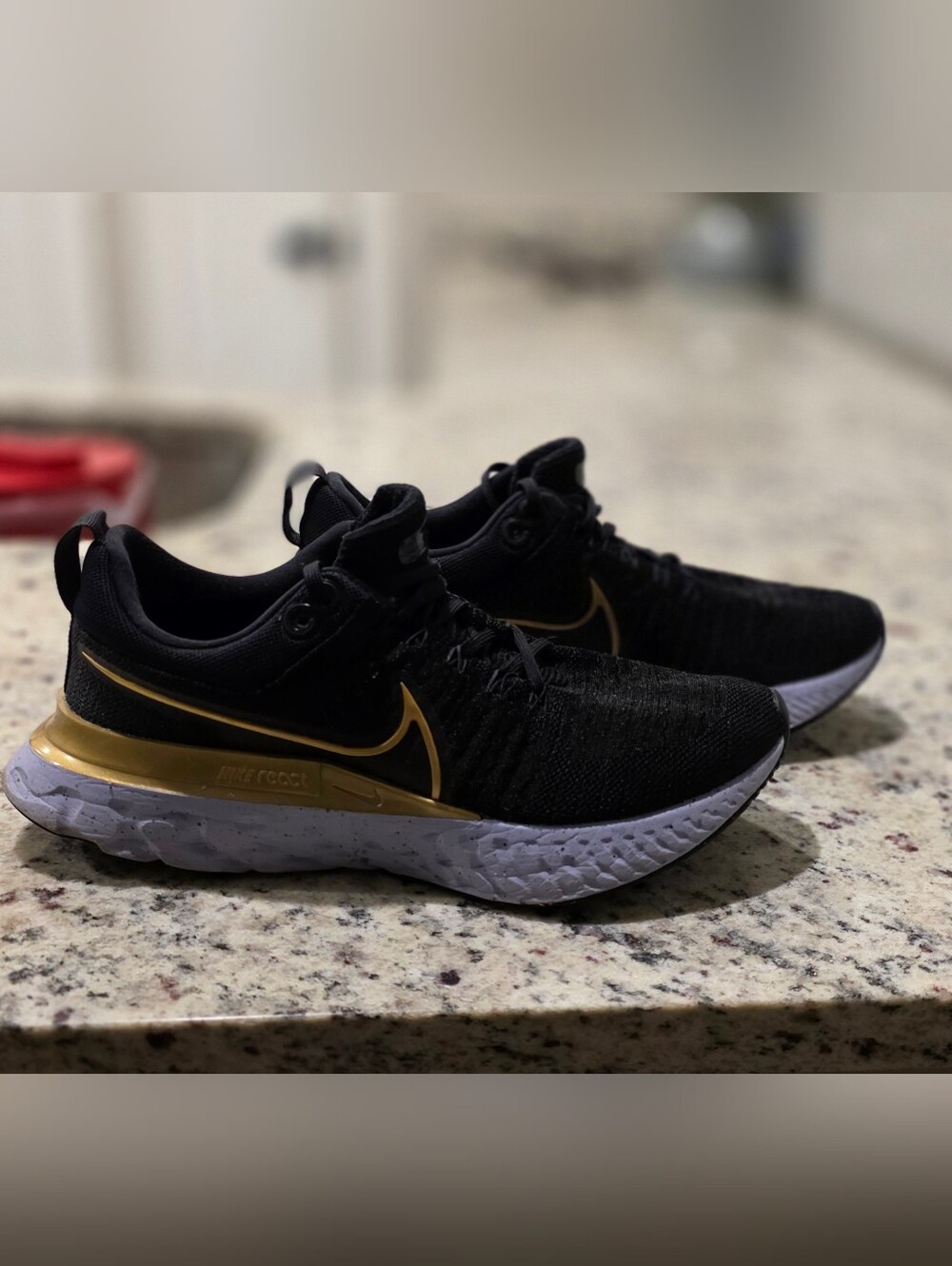 Nike React Infinity Flyknit Black and Gold Running Sneakers Size 9